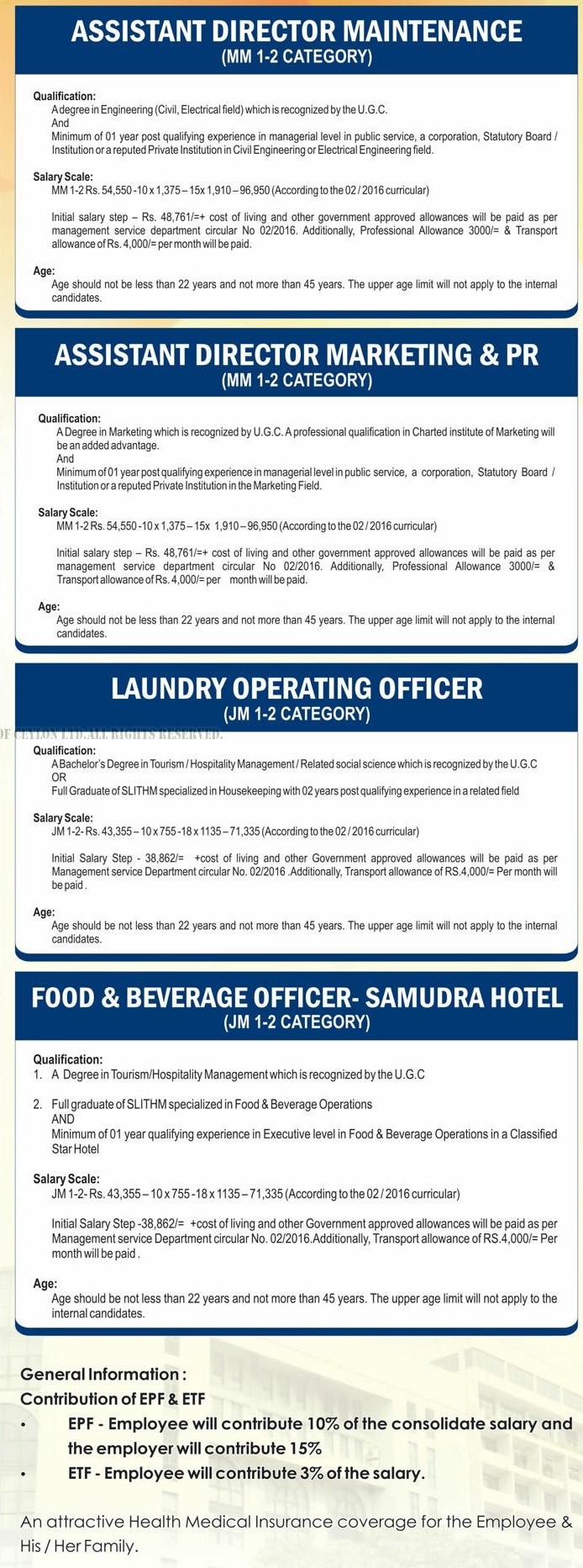 Management Assistant, Administrative Officer, Programme Officer, Stores Assistant, Director, Assistant Director, Laundry Operating Officer, Food & Beverage Officer - Sri Lanka Institute of Tourism & Hotel Management